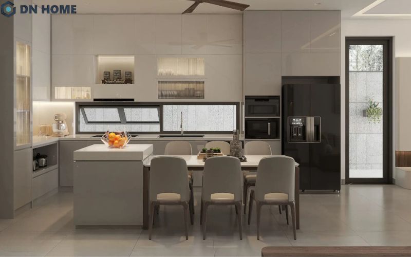 Hệ tủ bếp chữ L giúp tận dụng tối đa các góc chết trong không gian nấu nướng