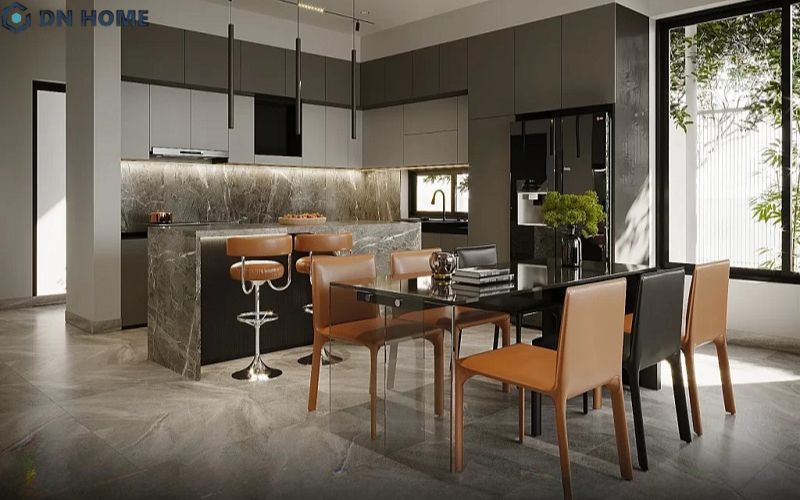 Thiết kế nội thất phòng bếp chữ L kết hợp đảo bếp sang trọng, tiện nghi