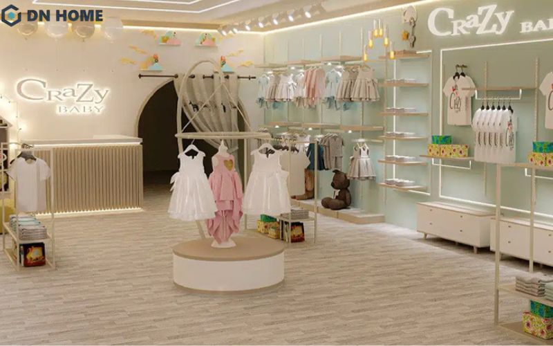 Cửa hàng thời trang quần áo trẻ em phong cách hiện đại tập trung vào đường nét gọn gàng