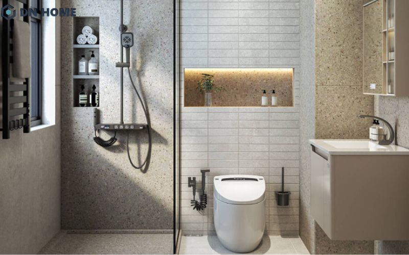 Phòng tắm 4m2 thiết kế theo phong cách hiện đại sử dụng hệ thống đèn làm điểm nhấn