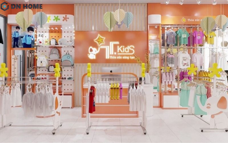 Những gam màu ấn tượng được sử dụng phổ biến trong không gian cửa hàng thời trang trẻ em phong cách hiện đại