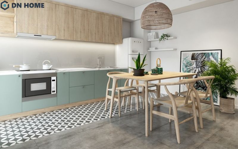 Thiết kế nội thất phòng bếp có nhiều cây xanh giúp khu vực nấu nướng trở nên tươi mát và gần gũi hơn