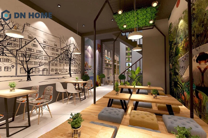 Bên trong quán cafe bệt 6m ưu tiên các bức tường được trang trí ấn tượng với giấy dán tường, tranh vẽ tay
