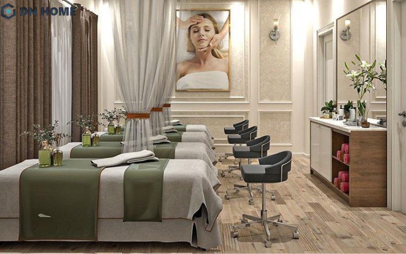 Gương lớn phản chiếu ánh sáng lớn và tạo chiều sâu không gian hiệu quả, giúp tối ưu spa nhỏ hiệu quả