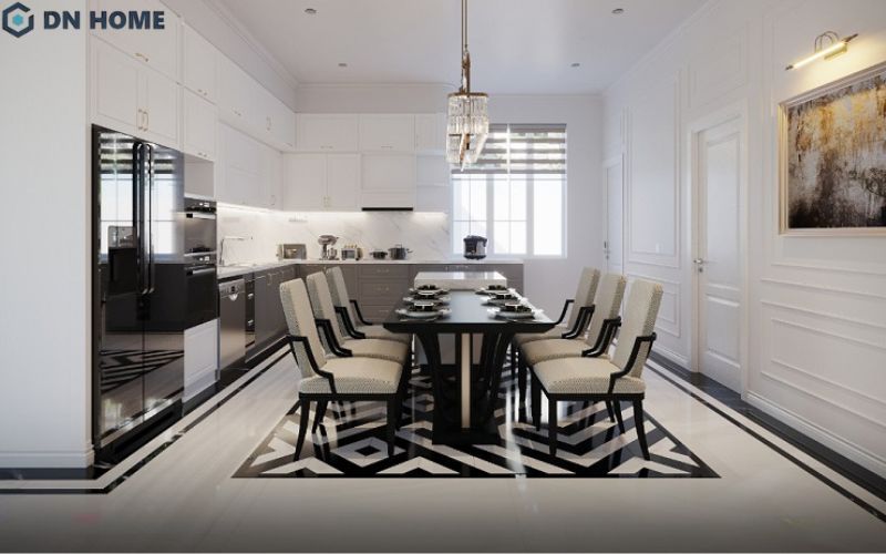 Không gian bếp tân cổ điển sang trọng, gây ấn tượng bởi bố cục cân đối, tinh tế