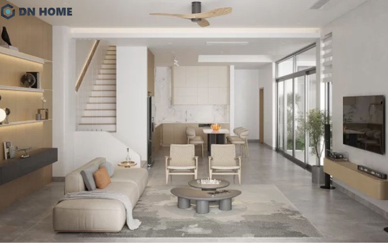 Với phòng khách diện tích khoảng 20m2 nên bố trí thêm thảm để tạo cảm giác gần gũi, ấm cúng