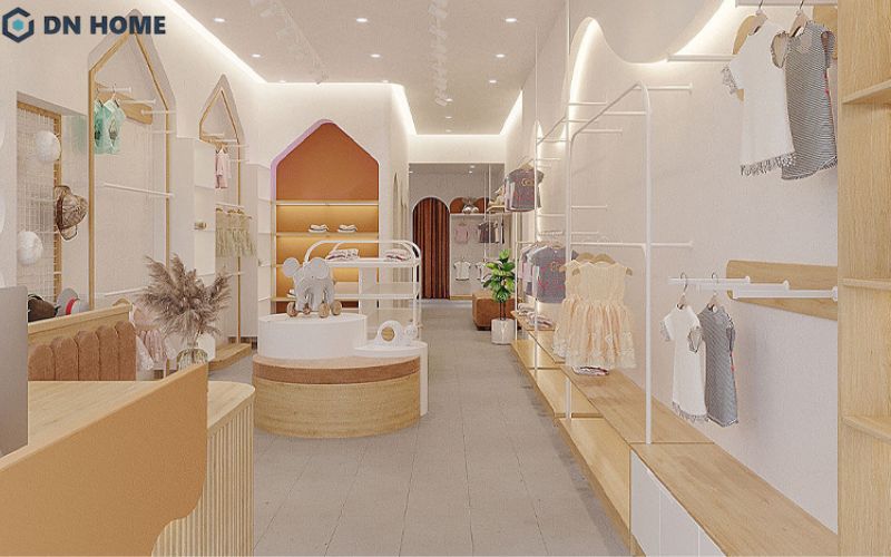 Cửa hàng quần áo thời trang trẻ em thiết kế theo phong cách đơn giản chỉ sử dụng 1-2 màu sắc làm chủ đạo