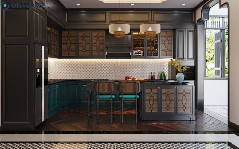 Sự kết hợp hài hoà giữa chất liệu tự nhiên và hoạ tiết cổ điển tạo nên không gian mang đậm dấu ấn truyền thống