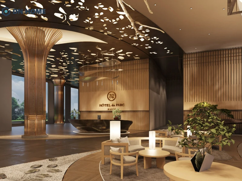 Sảnh khách sạn với các gam màu sáng làm nổi bật không gian