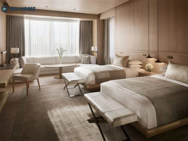 Thiết kế phòng twin chú trọng khoảng cách giường hợp lý, đảm bảo sự thoải mái khi sử dụng