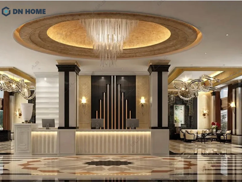 Mẫu thiết kế sảnh khách sạn được đầu tư đồng bộ về không gian và ánh sáng, mang đến hình ảnh hiện đại