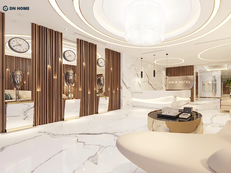 Nội thất hiện đại sử dụng gam màu trung tính và vật liệu quen thuộc như gỗ, kính, đá