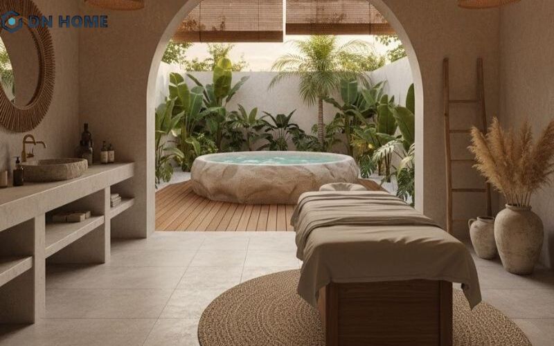 Khu vực ngâm bồn ngoài trời được thiết kế mở nhưng vẫn đảm bảo sự riêng tư cho khách hàng