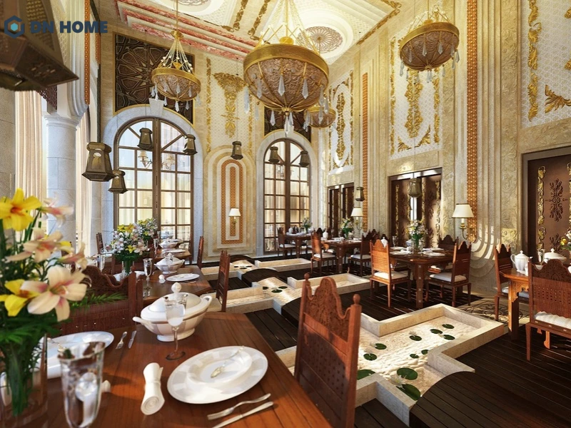 Không gian nhà hàng sử dụng ánh sáng và màu sắc phù hợp, tạo cảm giác ấm cúng và dễ chịu cho thực khách