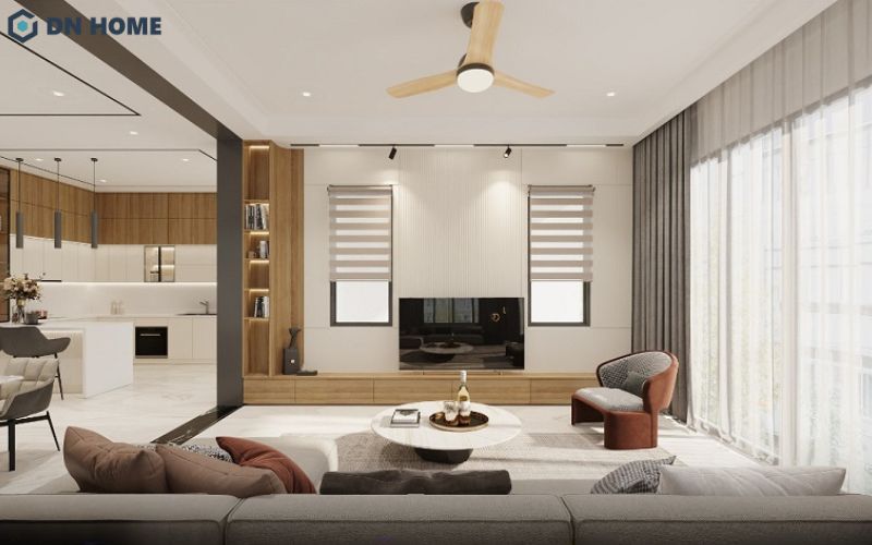 Thiết kế kệ tivi kết hợp không gian lưu trữ các thiết bị khác, giúp tối ưu diện tích, tạo sự gọn gàng