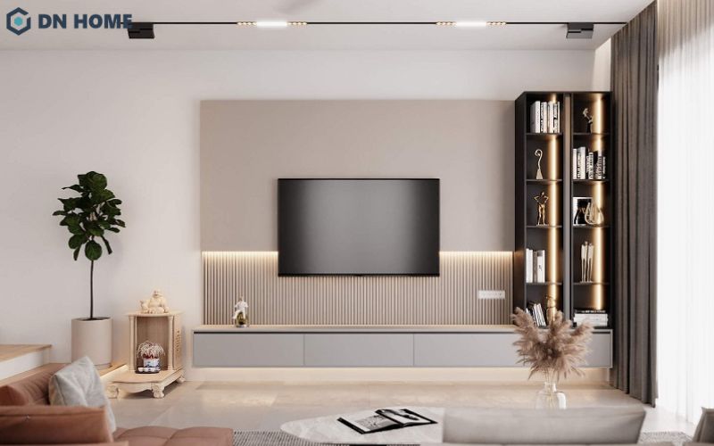 Mẫu kệ tivi treo tường kết hợp đèn LED hiện đại, sang trọng