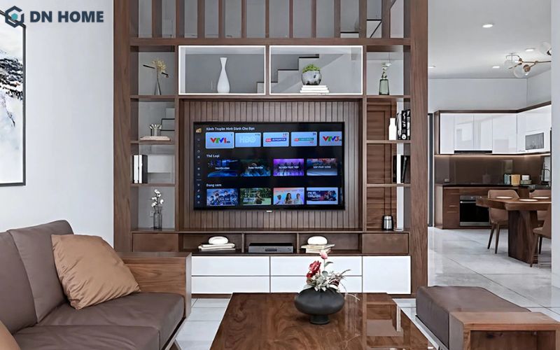 Thiết kế kệ tivi phòng khách kịch trần giúp phân chia không gian tinh tế