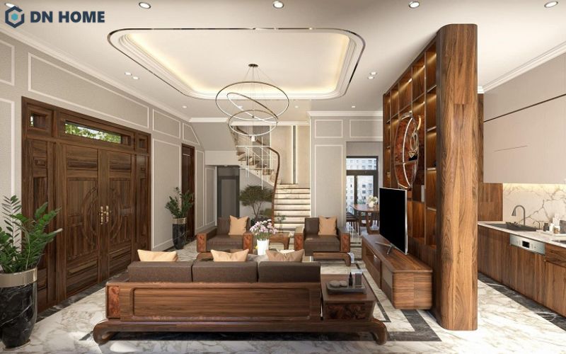 Thiết kế kệ tivi phòng khách kịch trần kết hợp làm vách ngăn là giải pháp phân chia không gian được nhiều gia chủ ưa chuộng