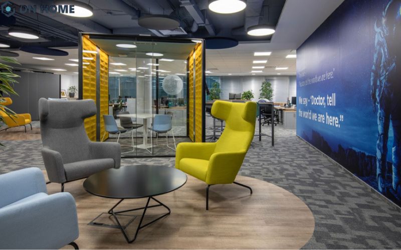 Văn phòng làm việc công ty tết thiết kế linh hoạt giữ không gian đóng - mở, kết hợp với cây xanh tạo cảm giác thư thái