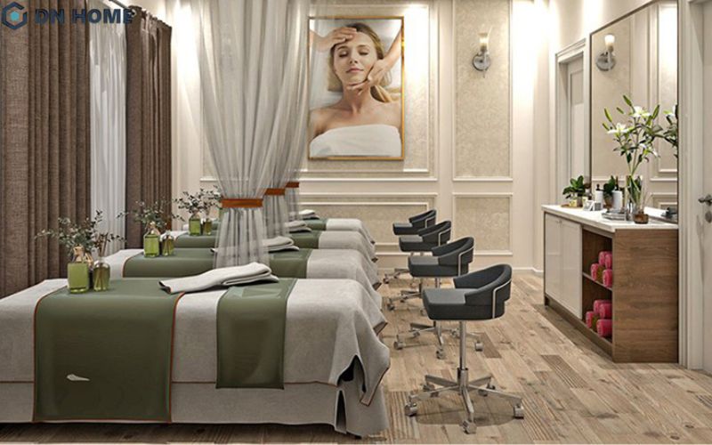 Chất liệu gỗ và lá cây giúp tán âm hiệu quả, giảm tiếng ồn trong không gian spa