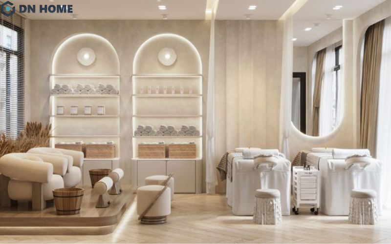 Với spa nhỏ, nên tận dụng chiều cao của tường để giải phóng diện tích mặt bằng