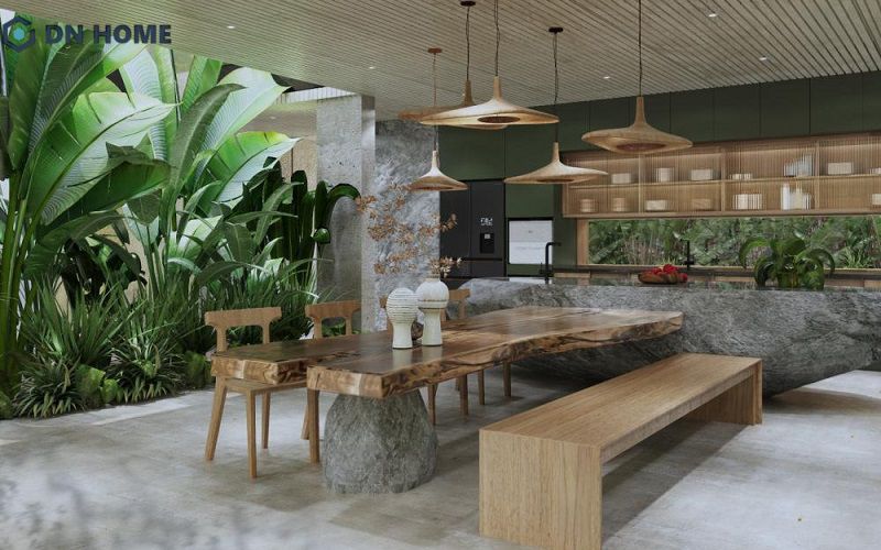 Việc bố trí cây xanh trong không gian bếp giúp tăng tính sinh động và tươi mới khi nấu nướng