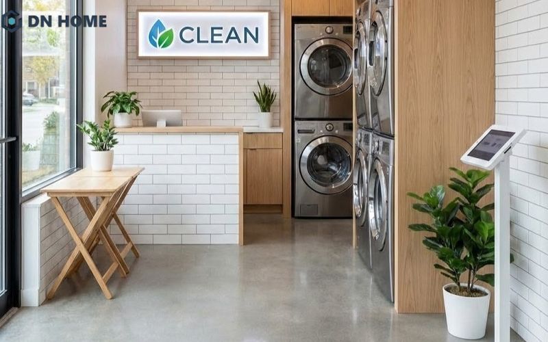 Thiết kế cửa hàng giặt sấy phong cách mini cho mô hình chuỗi đẹp mắt, gọn gàng