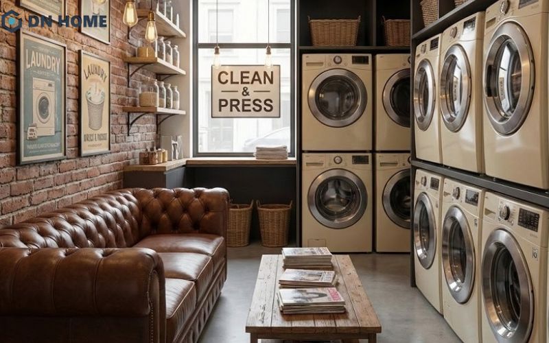 Các chi tiết như bộ sofa, ánh đèn vàng dịu nhẹ chính là nét đặc trưng trong thiết kế tiệm giặt sấy phong cách Vintage