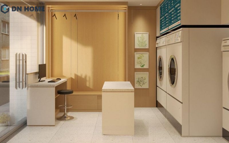 Mẫu thiết kế cửa hàng giặt sấy với quy mô nhỏ, thiết kế tối giản, gọn gàng