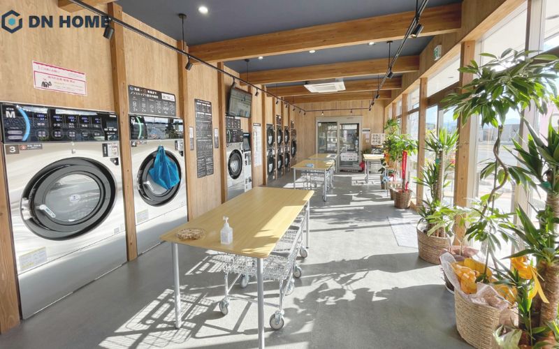 Sự kết hợp giữa cây xanh và ánh sáng tự nhiên từ cửa kính lớn tạo nên không gian cửa hàng sạch sẽ, thông thoáng