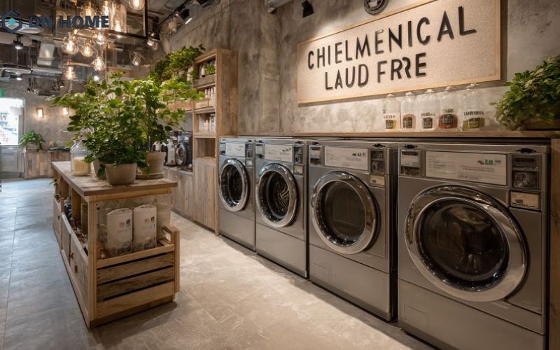 Thiết kế cửa hàng giặt là phong cách xanh giúp khách hàng cảm thấy dễ chịu hơn ngay từ khi bước vào