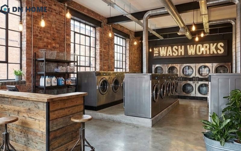 Thiết kế cửa hàng giặt là theo phong cách Industrial đẹp mắt, không gian được bố trí khoa học, dễ thao tác