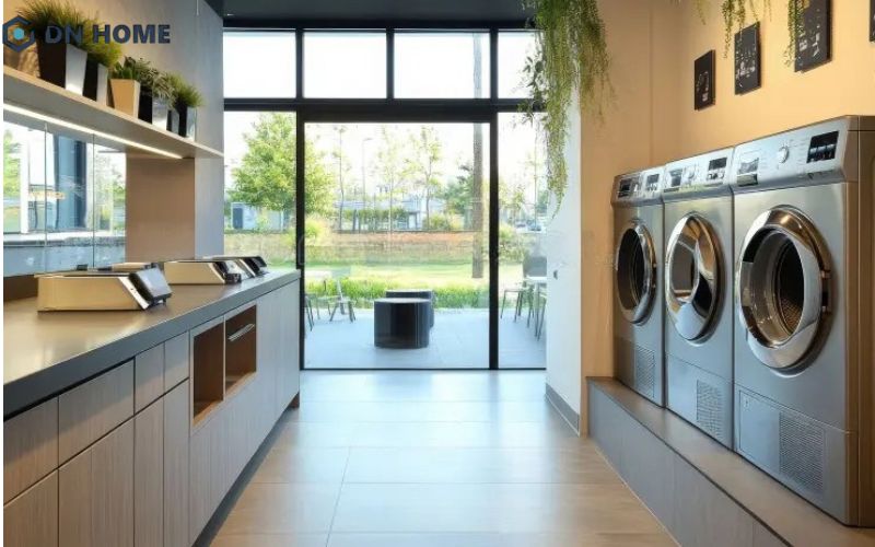 Cửa hàng giặt sấy quy mô nhỏ thiết kế hiện đại, nổi bật với đường nét gãy gọn cùng gam màu trung tính đầy tinh tế