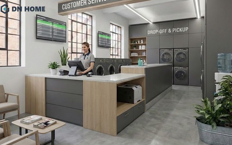 Thiết kế khu vực chờ và quầy dịch vụ chỉn chu giúp cửa hàng có thêm nhiều thiện cảm từ khách hàng