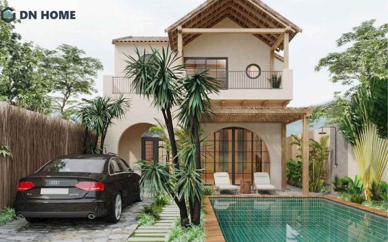 Mẫu nhà hình vuông 2 tầng có hồ bơi và sân vườn rộng thoáng