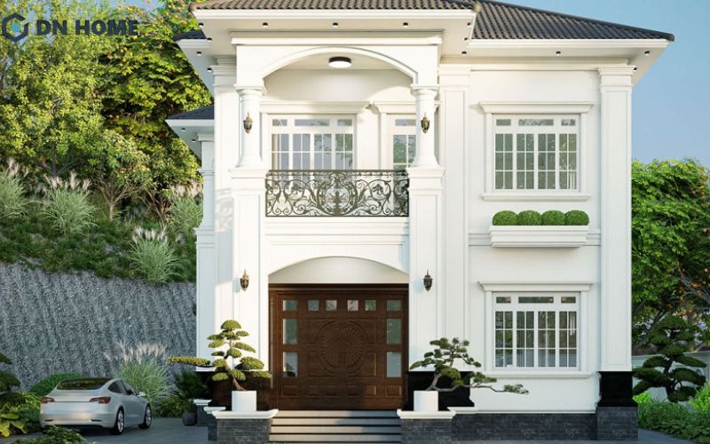 Mẫu nhà hình vuông 2 tầng phong cách tân cổ điển mái Nhật thanh lịch, tinh tế