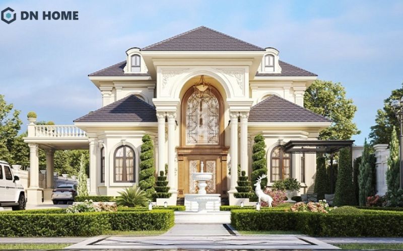 Mẫu nhà hình vuông 2 tầng phong cách tân cổ điển sang trọng, có sân vườn rộng thoáng