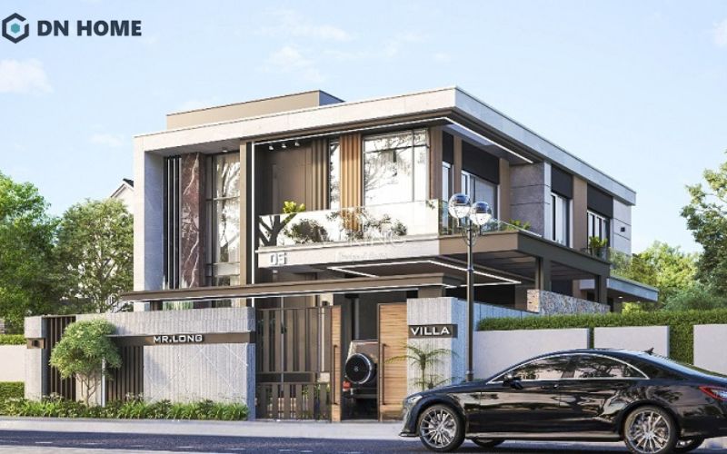 Mẫu nhà hình vuông 2 tầng phong cách tối giản, hiện đại sử dụng mảng kính lớn giúp tối ưu ánh sáng tự nhiên