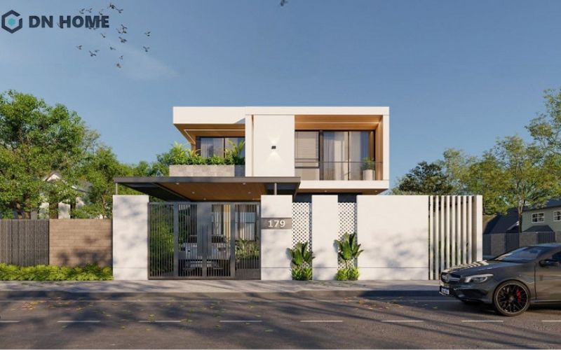 Mẫu nhà hình vuông 2 tầng mái bằng với vẻ đẹp tối giản, tinh tế
