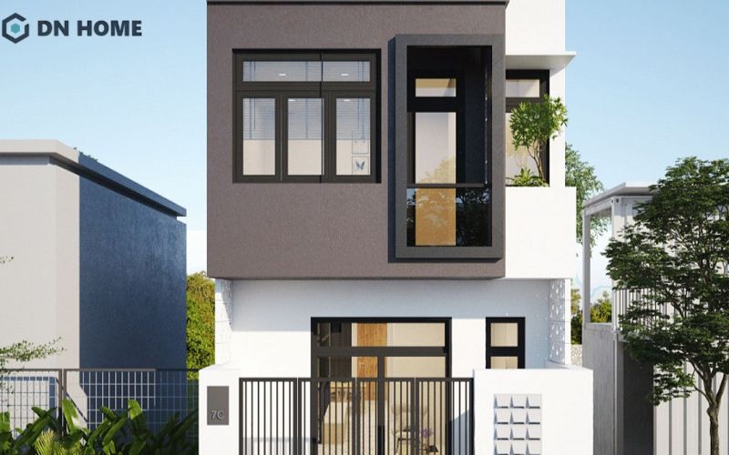 Mảng hình khối vuông vức tạo nên cảm giác vững chãi cho phần mặt tiền