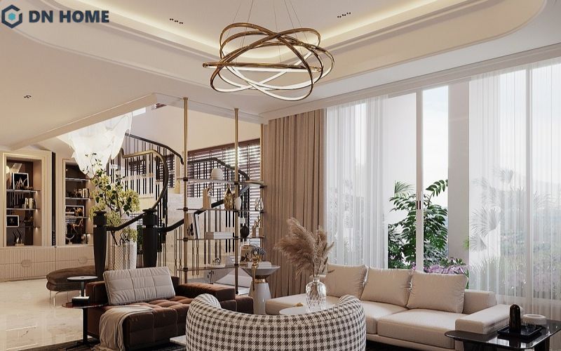 Mẫu nhà hình vuông 2 tầng đẹp tinh tế với hệ trần giật cấp cùng đèn chùm có hình dáng độc đáo