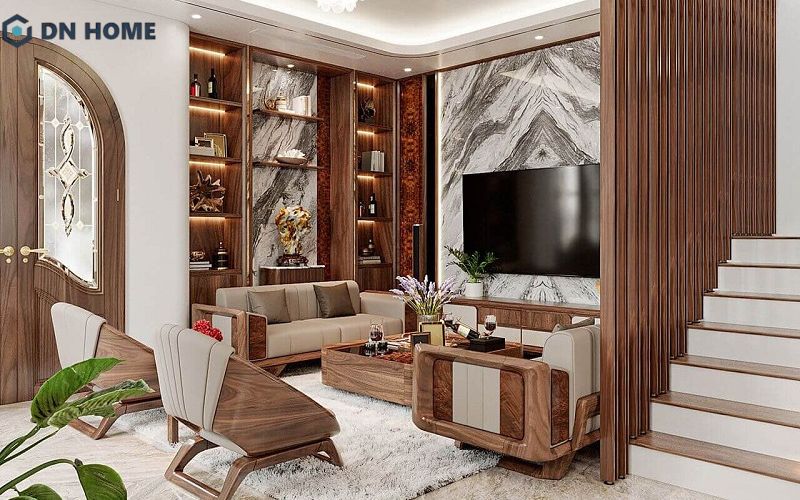 Mẫu tủ rượu phòng khách từ gỗ tự nhiên thiết kế đơn giản nhưng vô cùng sang trọng