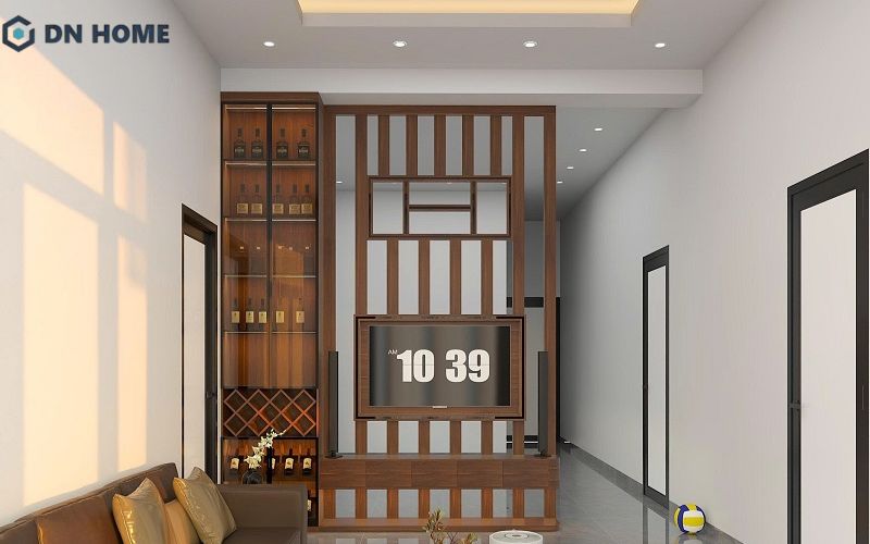 Mẫu tủ rượu phòng khách kịch trần, kết hợp thiết kế lam gỗ biến thành vách ngăn hiệu quả