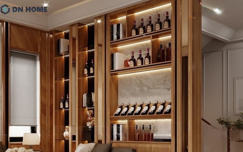 Thiết kế tủ rượu kịch trần kết hợp làm vách ngăn tinh tế, sang trọng