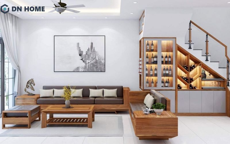Tủ rượu phòng khách gầm cầu thang sử dụng cánh kính kết hợp đèn LED giúp tăng tính sang trọng cho không gian tổng thể