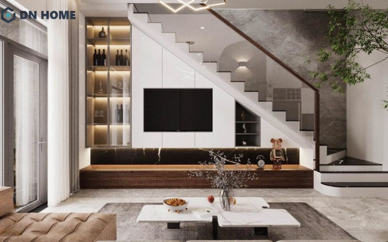 Thiết kế tủ rượu phòng khách tận dụng gầm cầu thang là giải pháp hiệu quả giúp tối ưu các góc chết trong không gian sống