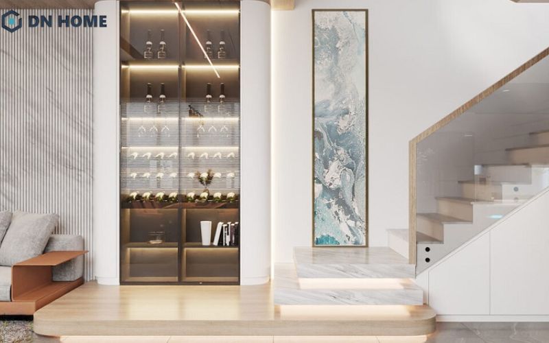 Mẫu tủ rượu âm tường cánh kính khung nhôm kết hợp đèn LED giúp làm nổi bật những chai rượu bên trong