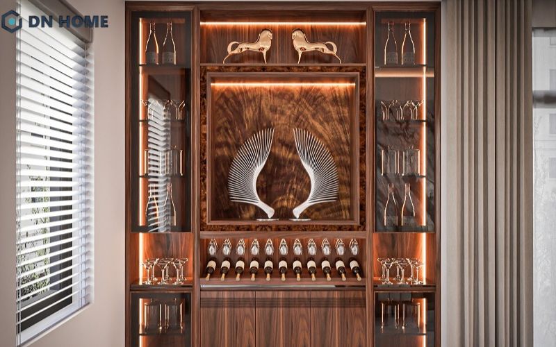 Tủ rượu âm tường được làm từ gỗ tự nhiên, kết hợp cánh kính, đèn LED và các chi tiết trang trí sang trọng