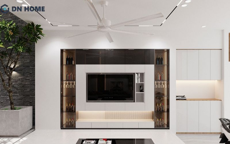 Mẫu tủ rượu âm tường kết hợp làm kệ tivi tiện nghi, sang trọng