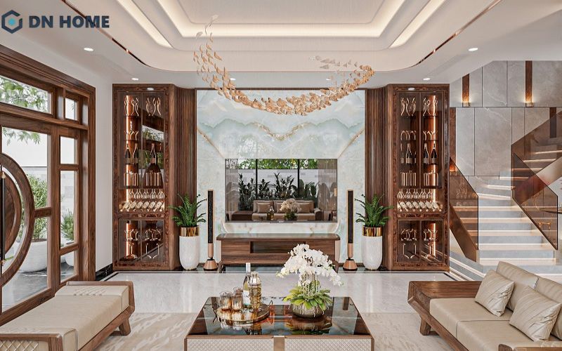 Tủ rượu phòng khách làm từ gỗ óc chó hoặc gỗ sồi thường được nhiều gia đình lựa chọn bởi có đường vân đẹp sắc nét, độc đáo